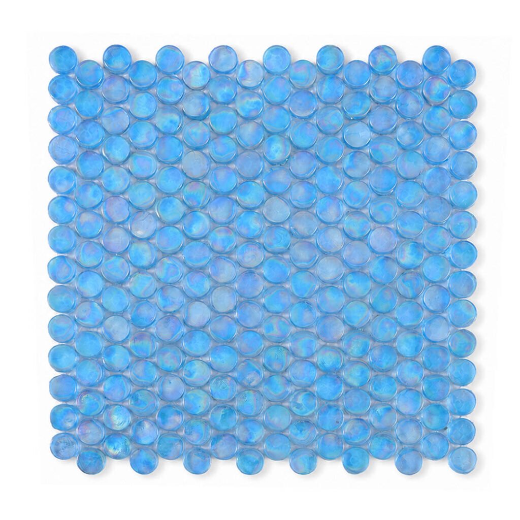Piastrelle a mosaico in vetro – acquamarina / blu, rotondo, iridescente, per piscina