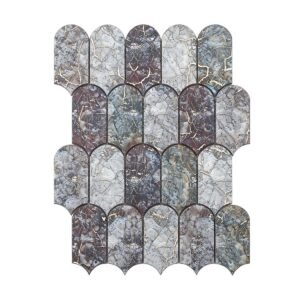Front view of arch shape aluminum mosaic sheet with gold cracked veining