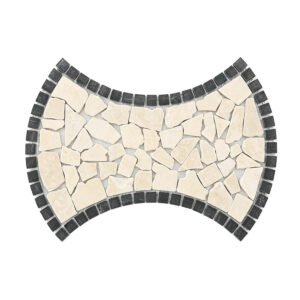 Bow tie shaped beige marble pebble mosaic tile with a dark charcoal border