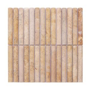 Full view of beige fluted travertine mosaic tile sheet