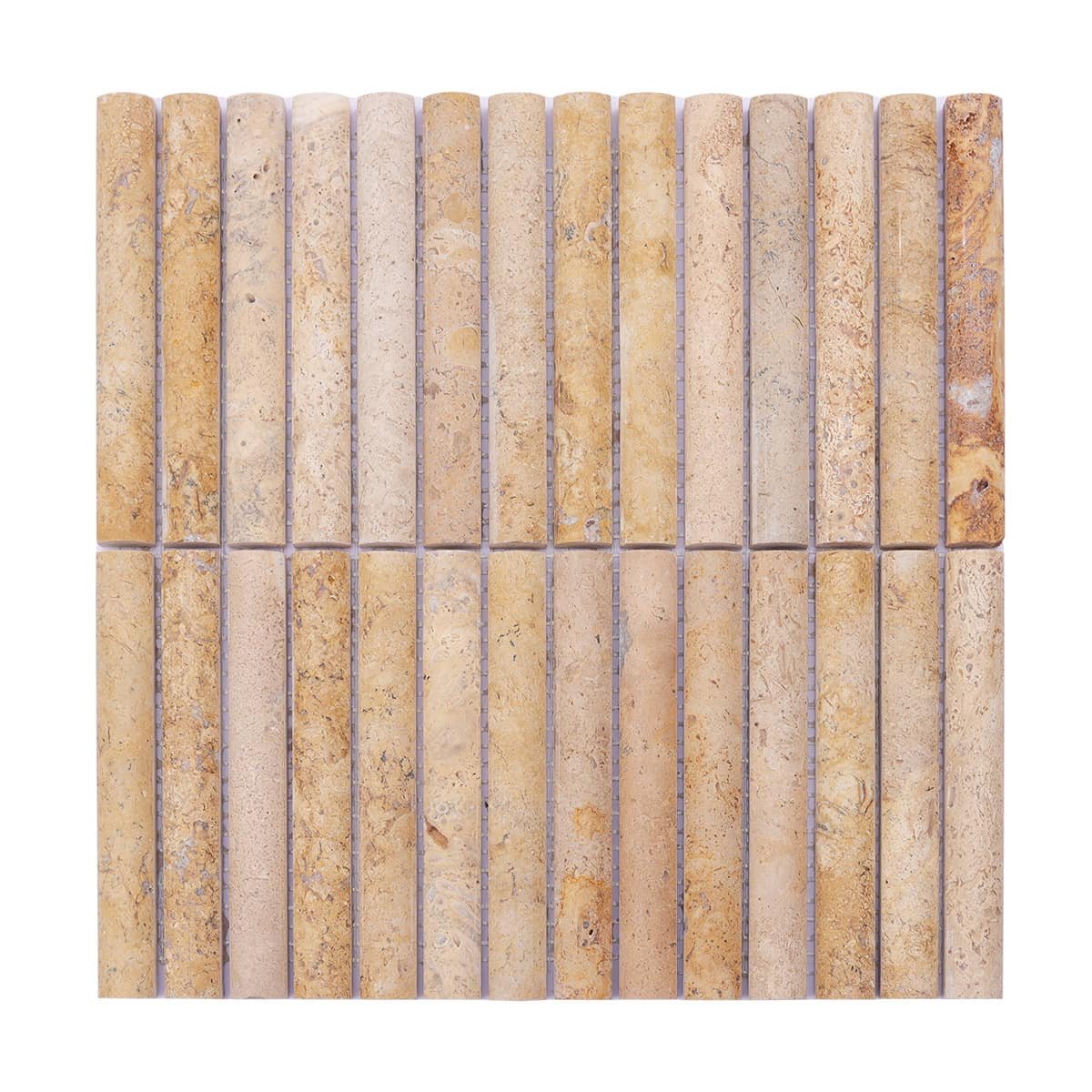 Full view of beige fluted travertine mosaic tile sheet