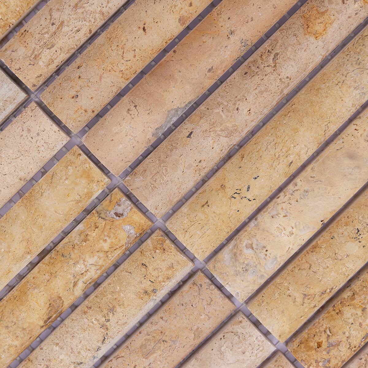 Detailed texture of beige fluted travertine mosaic tiles