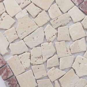 Mosaïque en travertin – beige / rouge, carré, galets, pour sol