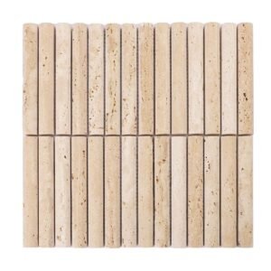 Front view of beige travertine stick mosaic tile sheet