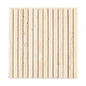 Front view of beige travertine vertical rod mosaic tile with soft natural stone texture