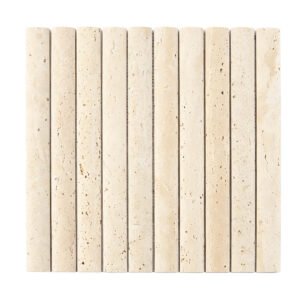 Front view of beige travertine wide bar tile with natural porous stone texture