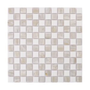 Full view of beige and white checkered glass mosaic tile sheet