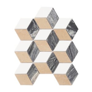 Full sheet view of beige white and gray cube marble mosaic tile