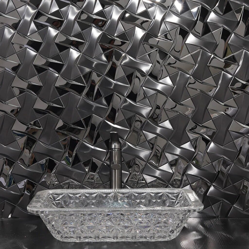 Mosaikfliesen aus Edelstahl – Schwarz, geometrisches Muster, 3D-Struktur, für Wände