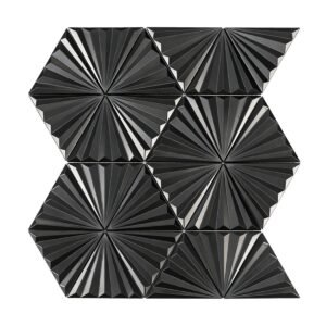 Front view of black 3D fan triangle metal mosaic tile sheet