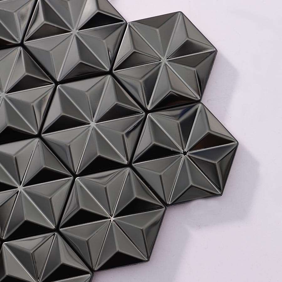 Corner view of black 3D hexagon stainless steel tile