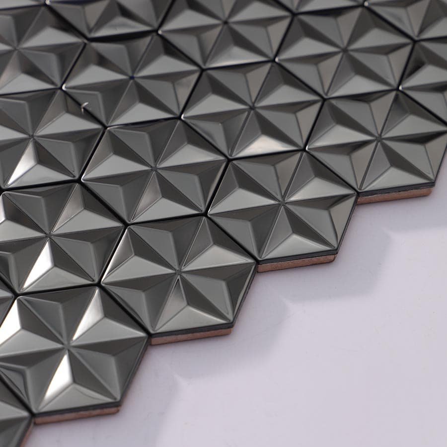 Edge close-up of black 3D hexagon stainless steel tile