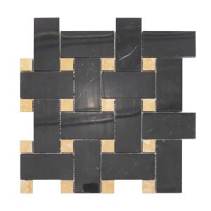 Full sheet view of black and gold basketweave marble mosaic tile