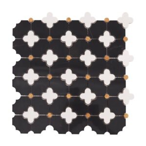Full sheet of Black and White Floral Marble Mosaic Tiles with floral pattern design