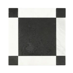 Black and white square marble mosaic tile with a geometric border design