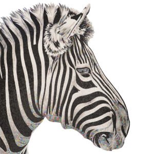 Black and white zebra handmade glass mosaic mural with iridescent details
