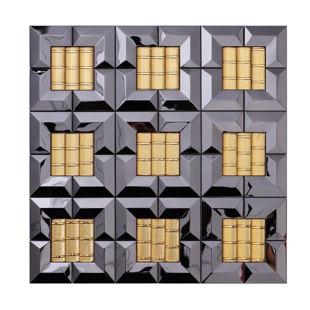 3D-mosaikplatta i svart rostfritt stål och guldglas