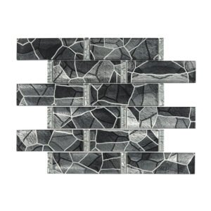 Front view of black gray crackle glass subway mosaic in staggered layout