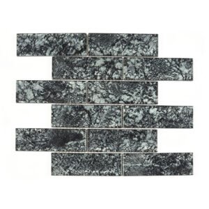 Black gray crackle glass subway tile in staggered brick pattern