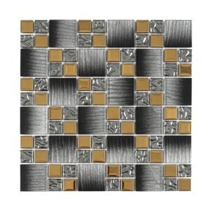 Full black silver and electroplated gold square glass mosaic sheet on white background