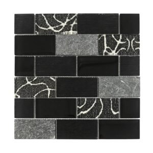 Black gray mixed glass brick mosaic tile sheet with glossy and textured chips