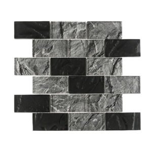 Black gray stone look glass brick mosaic tile sheet with glossy black chips