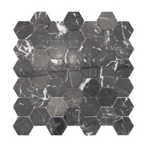 Full sheet view of black hexagon marble mosaic tile with natural white veins