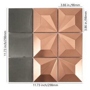 Metallmosaikfliesen – Roségold / Schwarz, Quadrate, 3D-Struktur