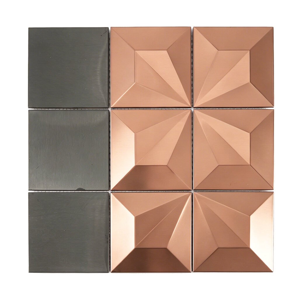 Metallmosaikfliesen – Roségold / Schwarz, Quadrate, 3D-Struktur