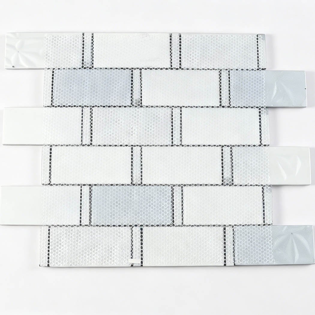 Back view of gray white glass subway mosaic on mesh backing