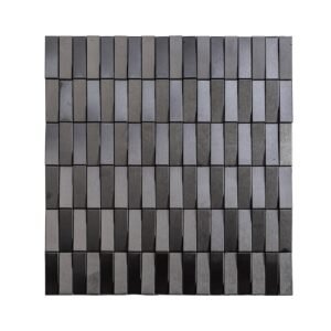 Top view of black stainless steel long strip 3D mosaic tile sheet with brushed metallic finish