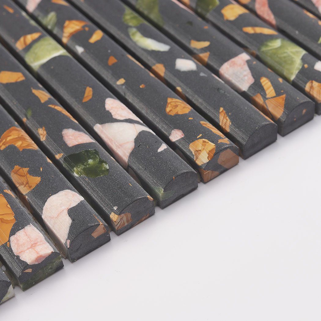 Edge profile of black terrazzo curved strip mosaic tile with rounded ends