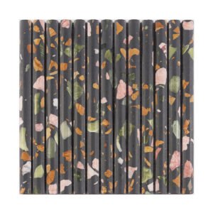 Full sheet of black terrazzo rounded strip mosaic tile with colorful stone chips