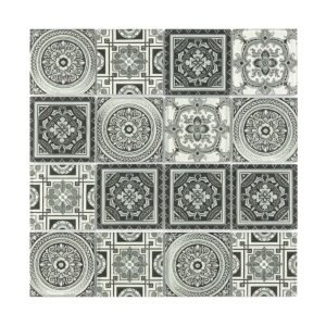 Black and white floral and geometric square glass mosaic sheet