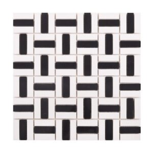 Front view of black and white mosaic tile sheet with interlocking pattern