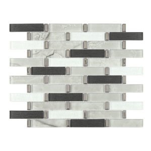 Black white and silver glass linear mosaic tile sheet in staggered strip pattern