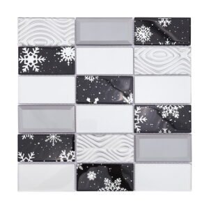Front view of black and white snowflake rectangular glass mosaic tile