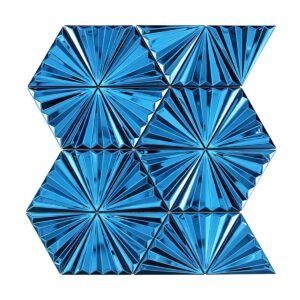 Front view of blue 3D fan triangle metal mosaic tile sheet