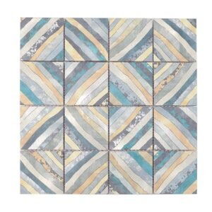 Full sheet of blue aluminum patterned mosaic tiles front view