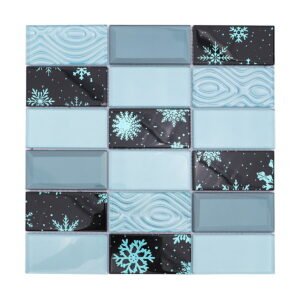 Full sheet of blue and black crystal glass tile featuring snowflake and wave patterns.