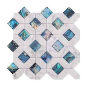 Front view of blue glass and white marble mosaic tile in diamond pattern.