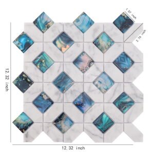 Mosaico de vidrio y mármol – blanco / azul, para pared
