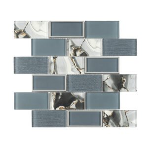 Blue gray mixed glass subway mosaic tile sheet with textured and marble look chips