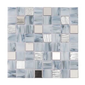 Full view of blue gray mosaic tile sheet with silver textured finish