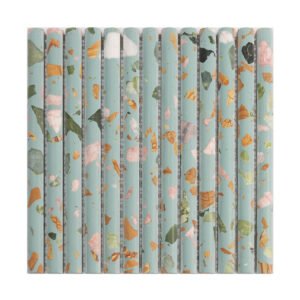 Full sheet of blue green terrazzo rounded strip mosaic tile with mixed stone chips