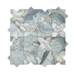 Top view of blue grey gold marble star cross mosaic tile sheet