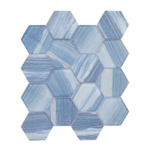 Front view of blue hexagon glass mosaic wall tile sheet with marble pattern
