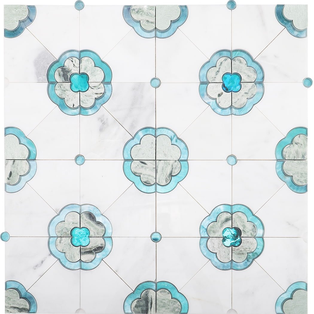 Repeating layout of blue floral mosaic tiles on white marble look background