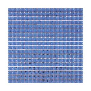 Front view of a full sheet of reflective blue square mirror glass mosaic tiles.