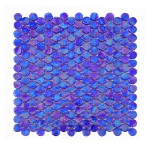 Blue purple iridescent round glass mosaic tile sheet on a white background